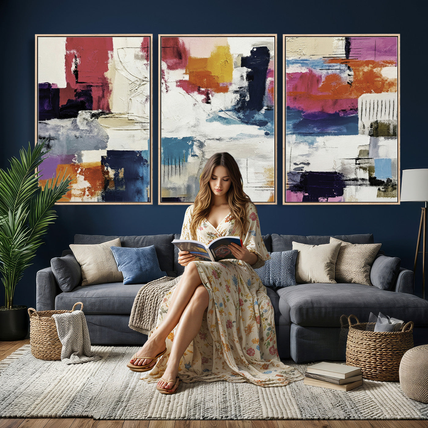 57864023-MGV-CV-36X24 - Blue Teal Abstract Canvas Wall Art, Modern Textured Painting Print, Navy Orange White Contemporary Art, Neutral Living Room Decor, Office Art