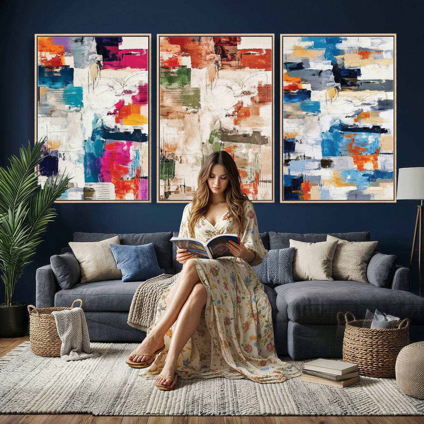 33267833-MGV-CV-60X30-3P - Blue Teal Abstract Canvas Wall Art, Modern Textured Painting Print, Navy Orange White Contemporary Art, Neutral Living Room Decor, Office Art