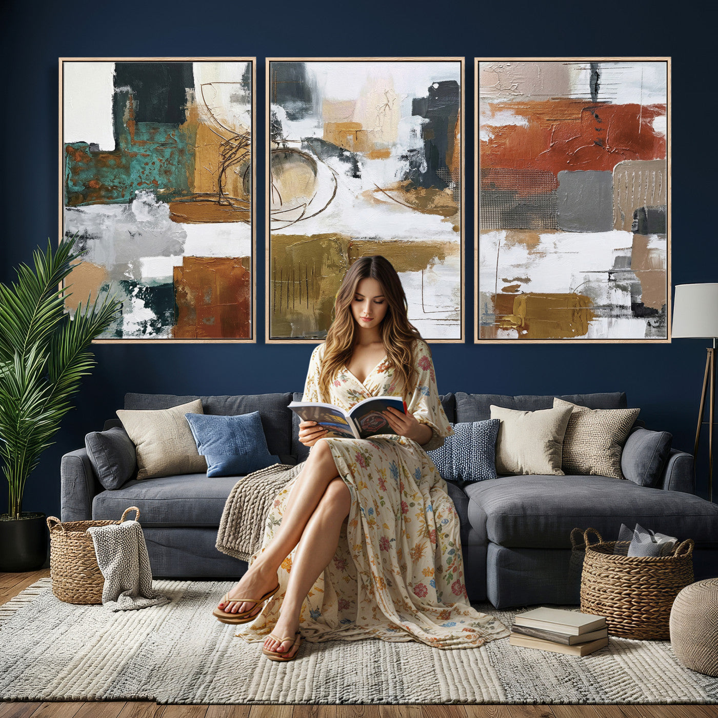 50720312-MGV-CV-36X24 - Blue Teal Abstract Canvas Wall Art, Modern Textured Painting Print, Navy Orange White Contemporary Art, Neutral Living Room Decor, Office Art