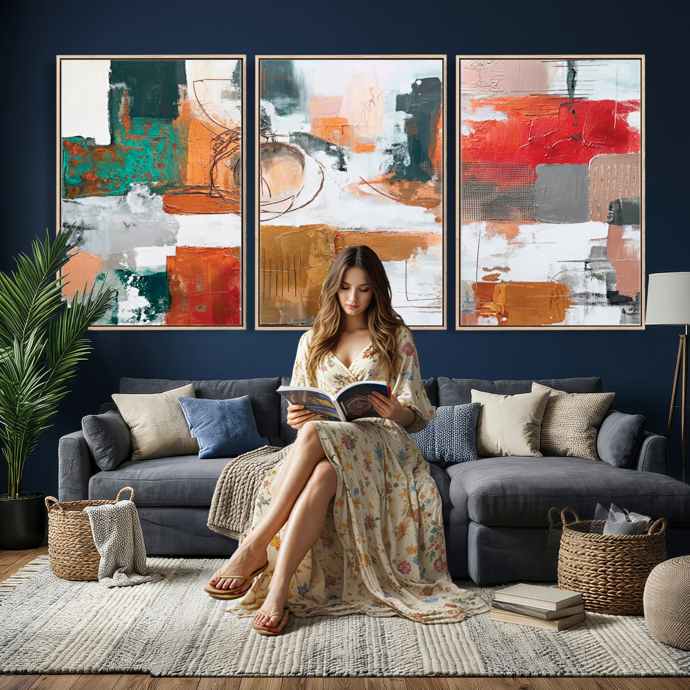50720312-MGV-CV-36X24 - Blue Teal Abstract Canvas Wall Art | Modern Textured Painting Print, Navy Orange White Contemporary Art, Neutral Living Room Decor, Office Art.