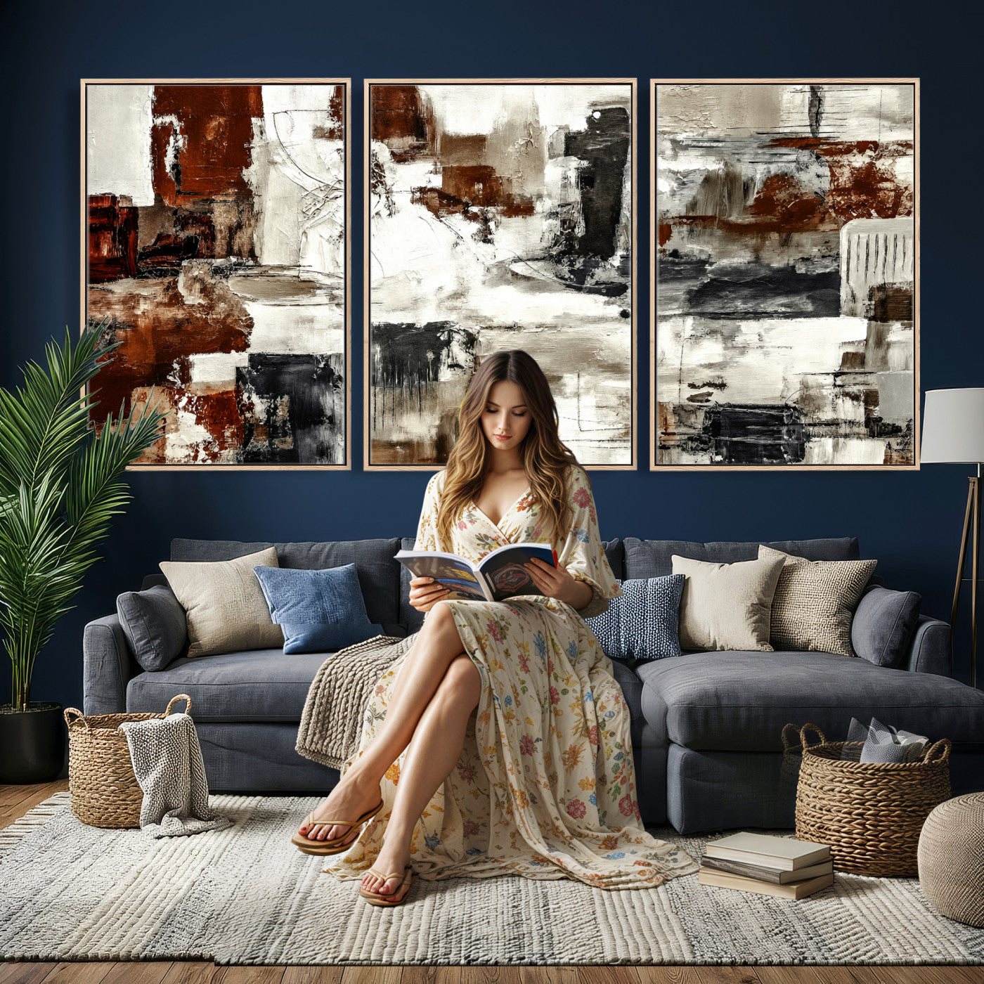 53022468-MGV-CV-36X24 - Blue Teal Abstract Canvas Wall Art, Modern Textured Painting Print, Navy Orange White Contemporary Art, Neutral Living Room Decor, Office Art