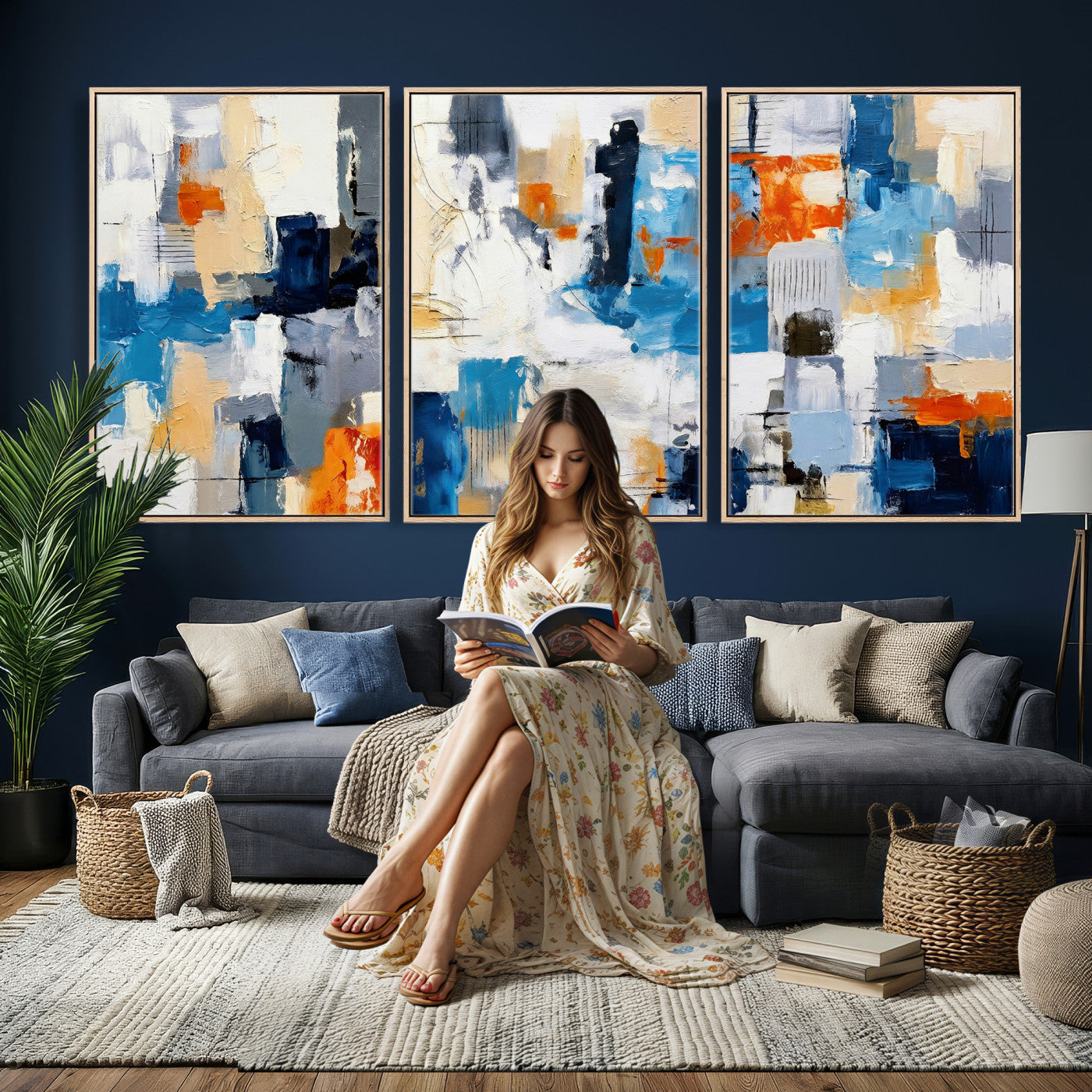 83915061-MGV-CV-36X24 - Blue Teal Abstract Canvas Wall Art, Modern Textured Painting Print, Navy Orange White Contemporary Art, Neutral Living Room Decor, Office Art