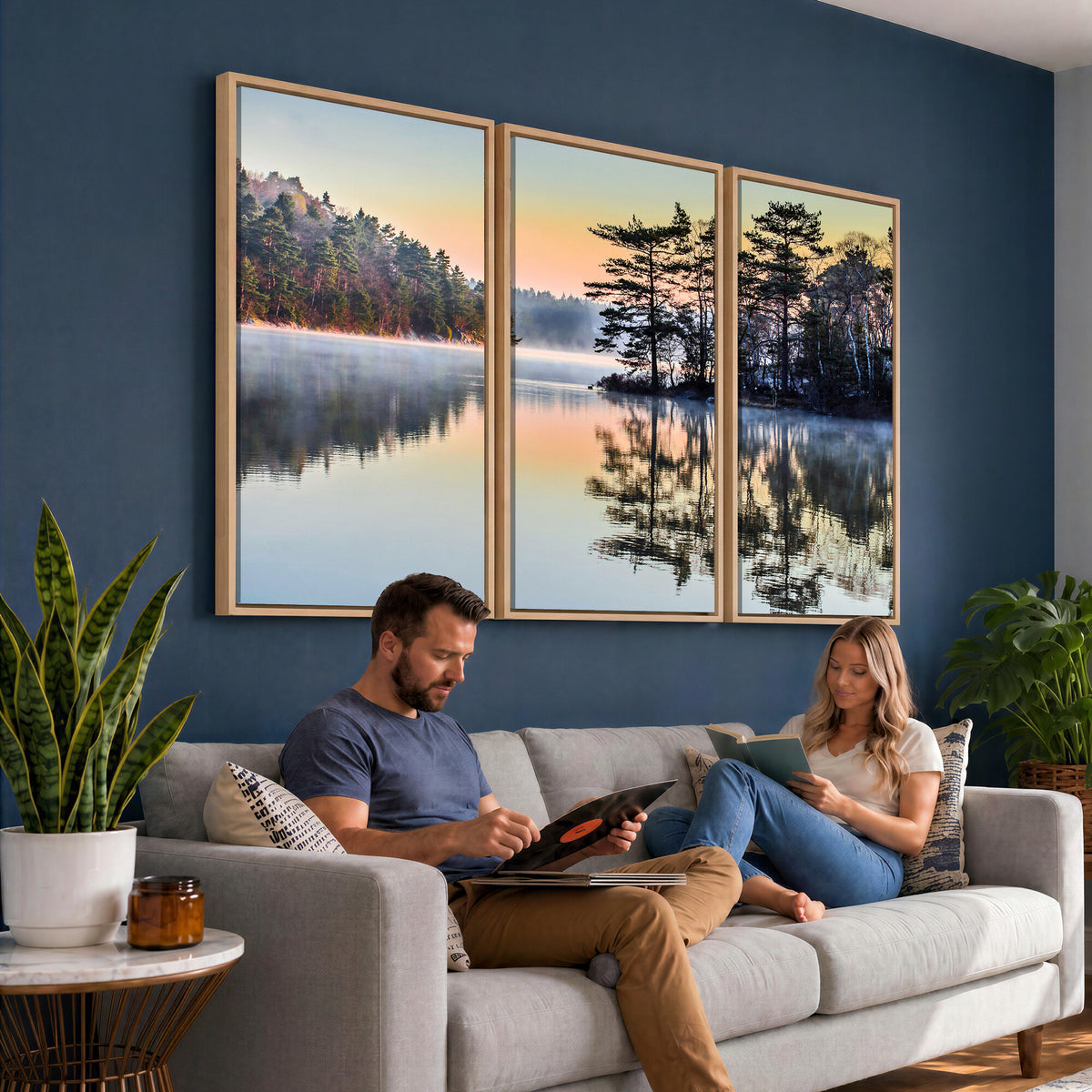 34236027-MGV-CV-36X24 - Before People Wake Canvas Wall Art Print, Misty Lake Sunrise Landscape, Forest Reflection Nature Decor, Ready to Hang