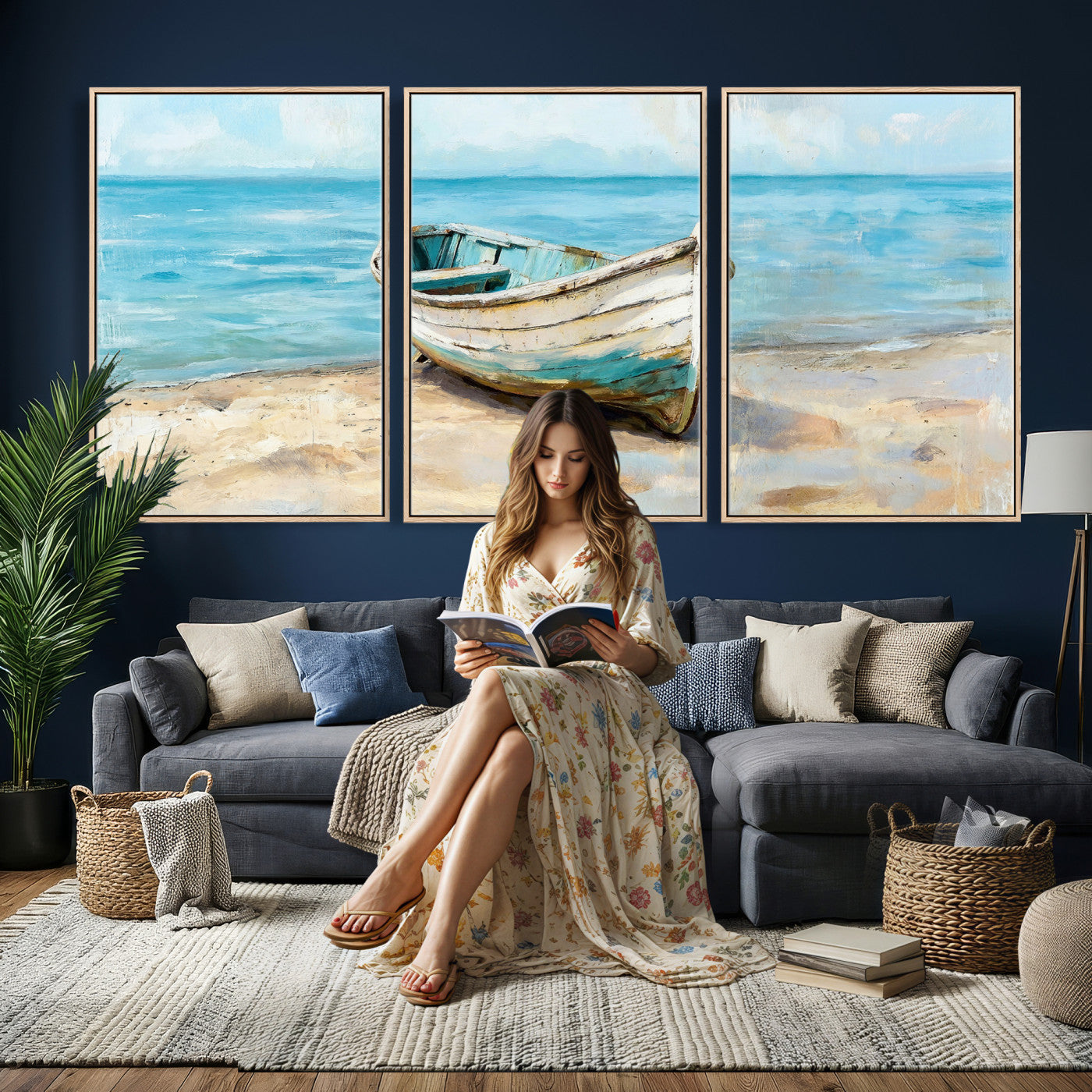 14780565-MGV-CV-36X24 - Coastal Boat Canvas Wall Art Print, Beach Boat Painting, Nautical Ocean Decor, Seascape Wall Art, Ready to Hang