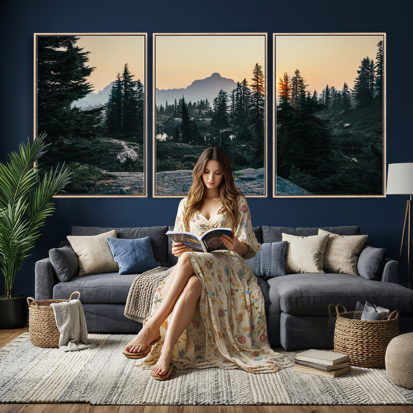 89996020-MGV-CV-36X24 - Mountain Forest Canvas Wall Art Print, Pine Tree Landscape, Sunset Nature Photography, Wilderness Wall Decor, Ready to Hang