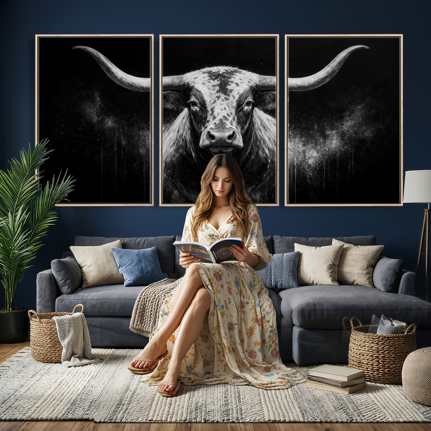 29671077-MGV-CV-60X30-3P - Texas Bull Cow Longhorn Canvas Wall Art Moody Western Bull Oil Painting Print