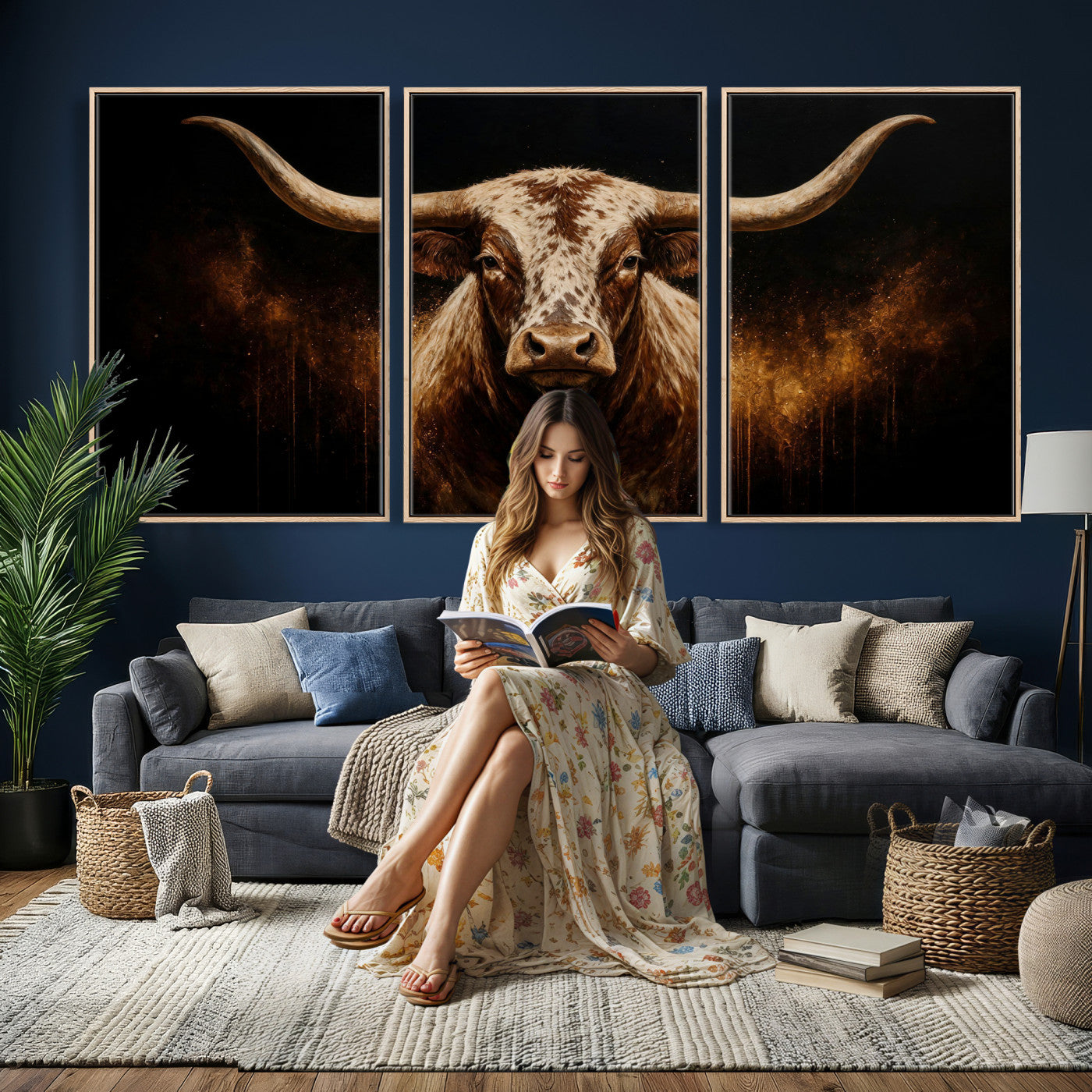 62076449-MGV-CV-48X32-3P - Texas Bull Cow Longhorn Canvas Wall Art Moody Western Bull Oil Painting Print
