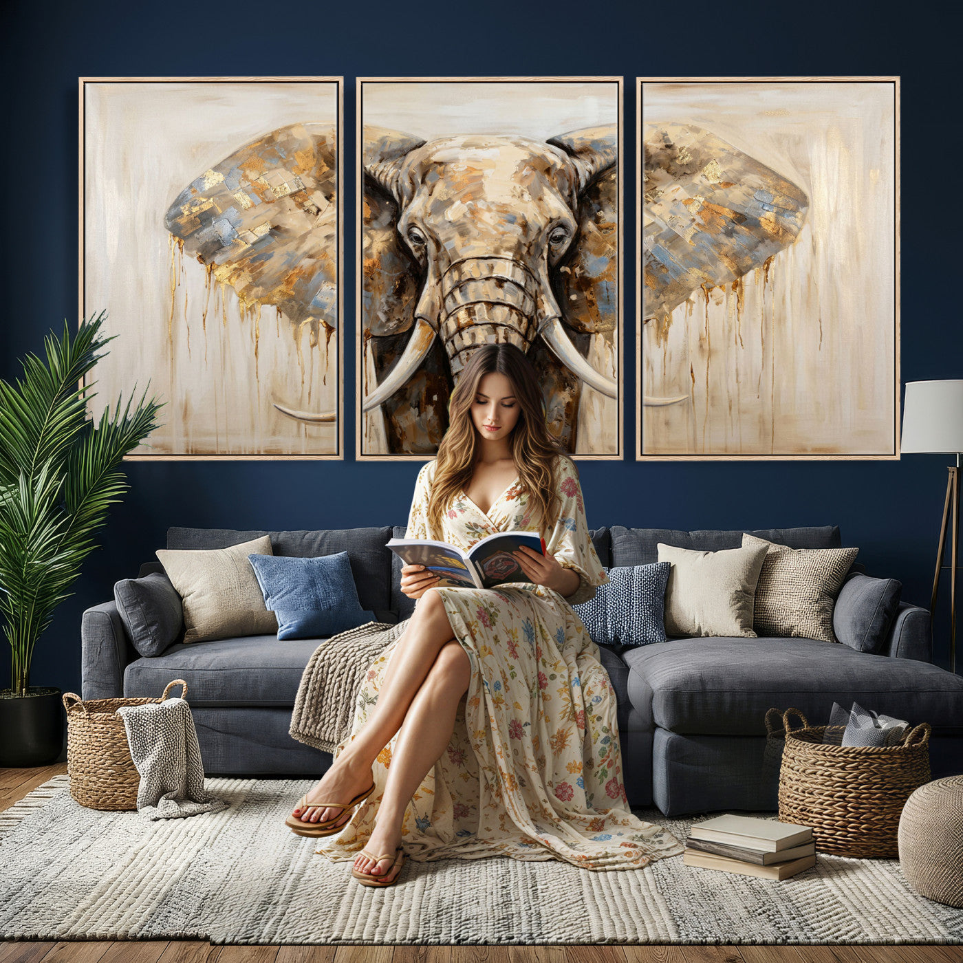 95819221-MGV-CV-36X24 - Gold Leaf Elephant Canvas Wall Art Abstract African Wildlife Painting Print