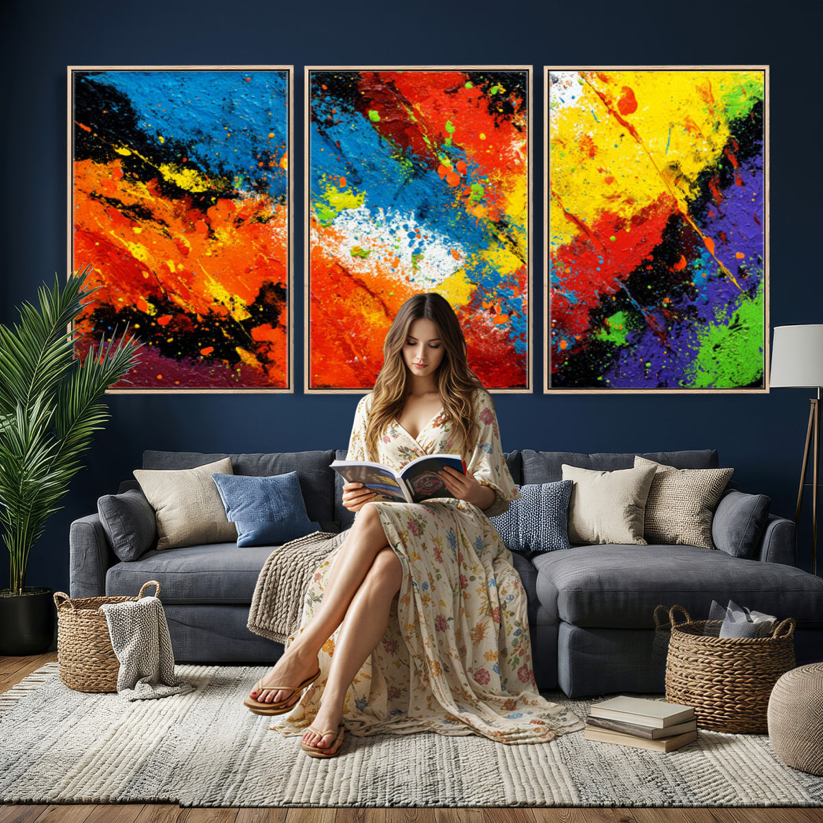 74888753-MGV-CV-36X24 - Vibrant Blue Abstract Canvas Wall Art Colorful Impasto Oil Painting Print