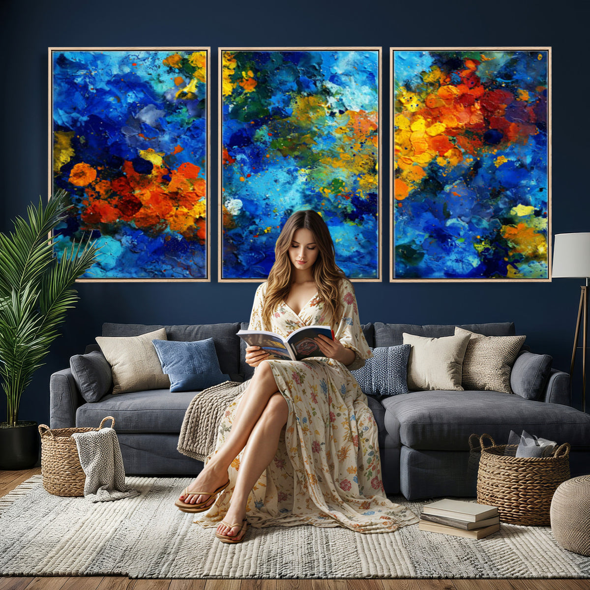 52431611-MGV-CV-36X24 - Vibrant Blue Abstract Canvas Wall Art Colorful Impasto Oil Painting Print