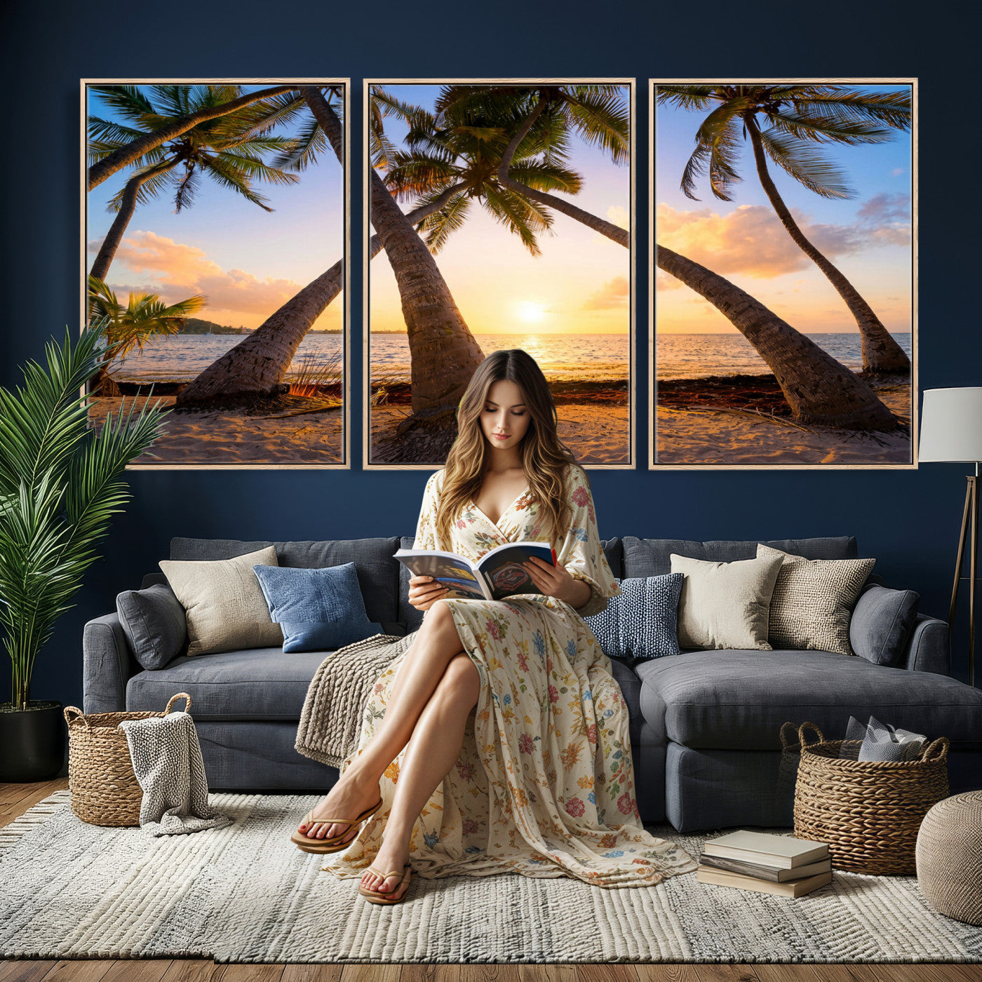 75123213-MGV-CV-36X24 - Tropical Island Coconut Palm Trees Sunset Wall Art Canvas Print - Turquoise Beach Print for Nautical Home Decor