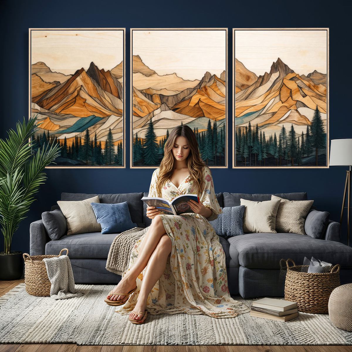 57384313-MGV-CV-60X30-3P - Mountain Landscape Canvas Wall Art with Wood Grain Effect, Golden Peaks and Teal Pine Forest, Framed Cabin Decor