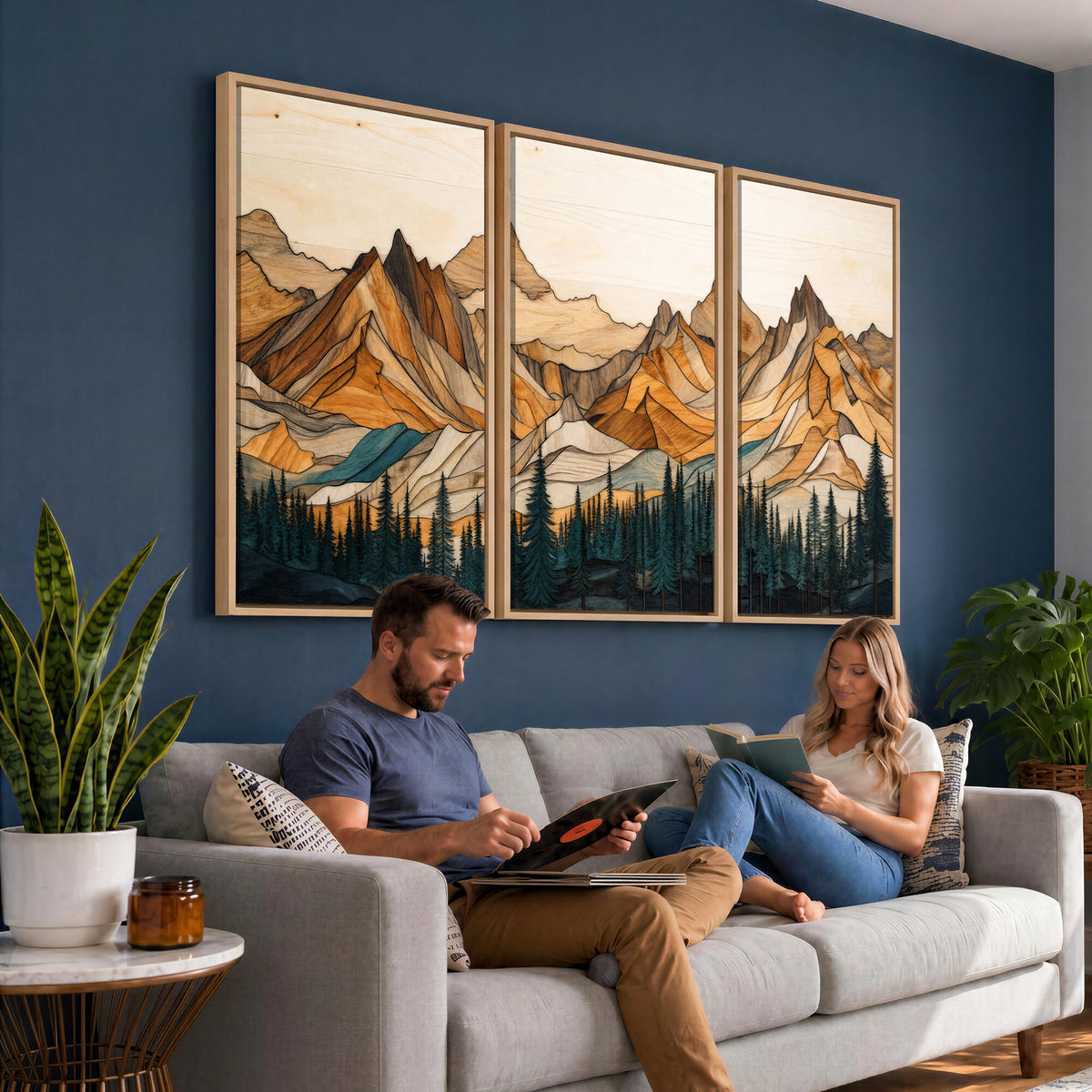 57384313-MGV-CV-48X32-3P - Mountain Landscape Canvas Wall Art with Wood Grain Effect, Golden Peaks and Teal Pine Forest, Framed Cabin Decor