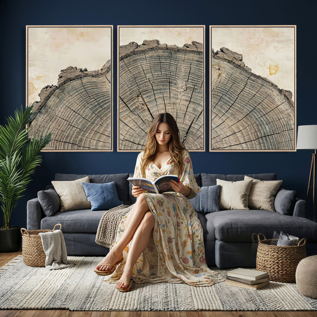 34201080-MGV-CV-60X30-3P - Tree Ring Canvas Wall Art in Neutral Earth Tones, Framed Wood Slice Print for Rustic and Japandi Interiors