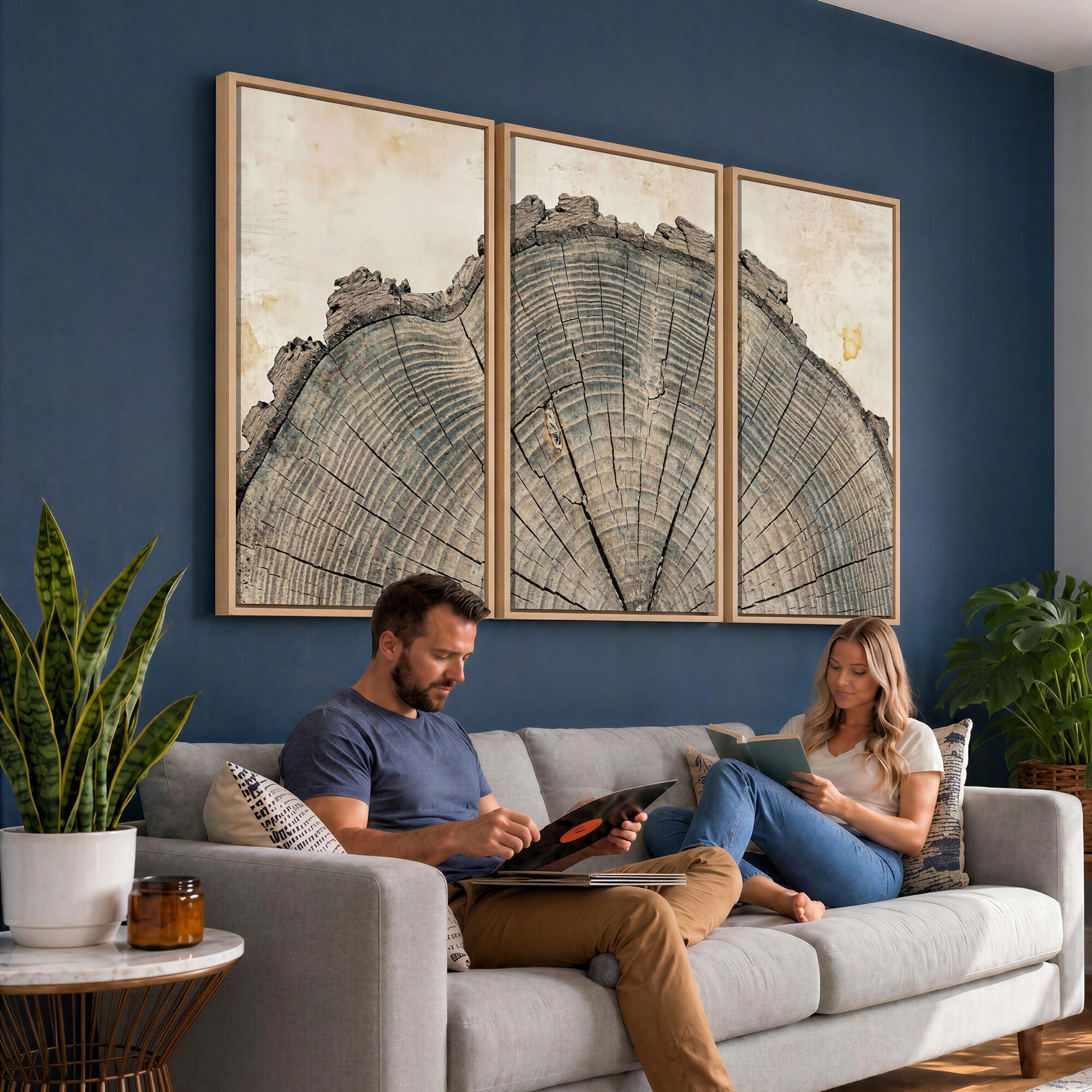 34201080-MGV-CV-60X30-3P - Tree Ring Canvas Wall Art in Neutral Earth Tones, Framed Wood Slice Print for Rustic and Japandi Interiors