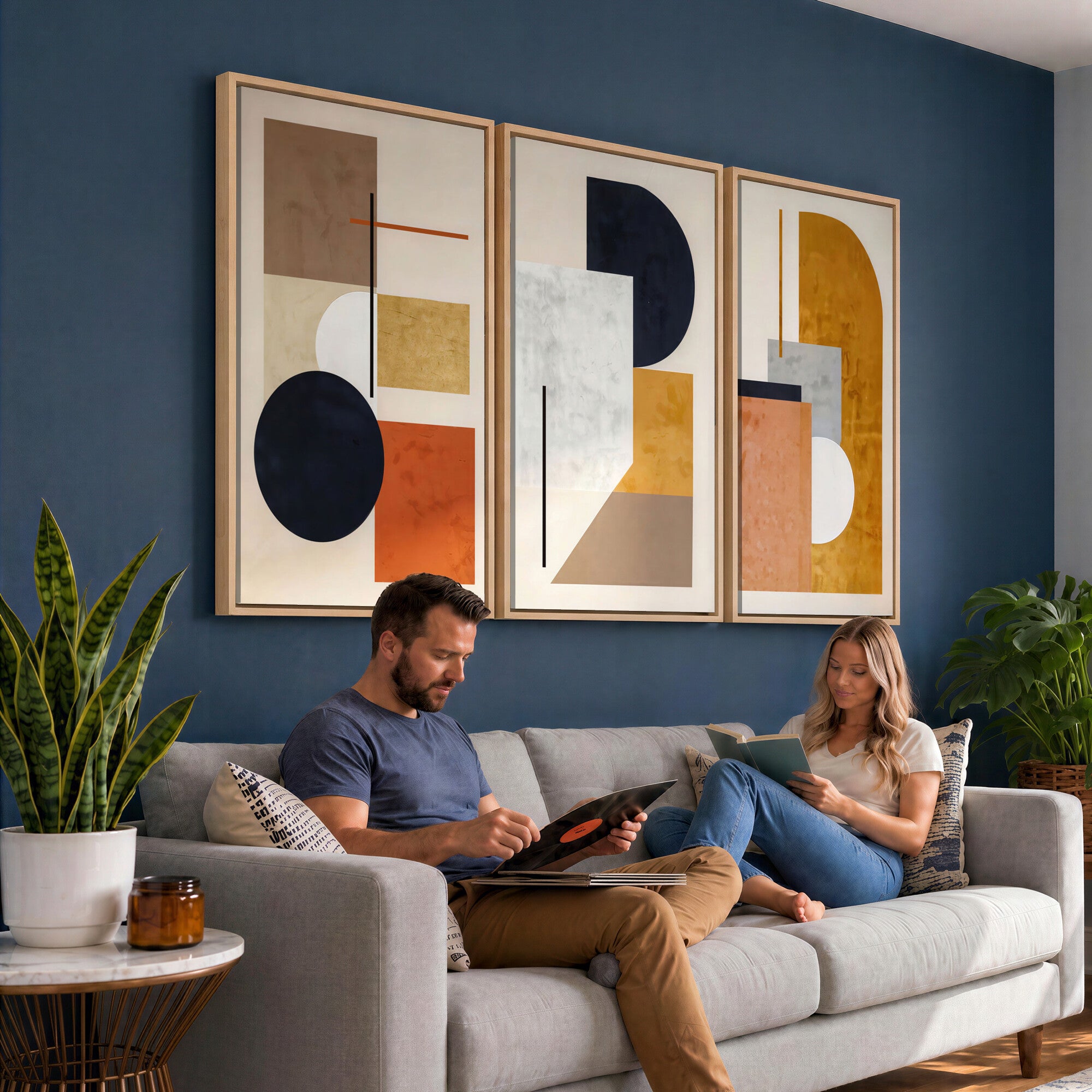 87361249-MGV-CV-48X32-3P - Mid Century Modern Geometric Canvas Wall Art, Abstract Triptych Print