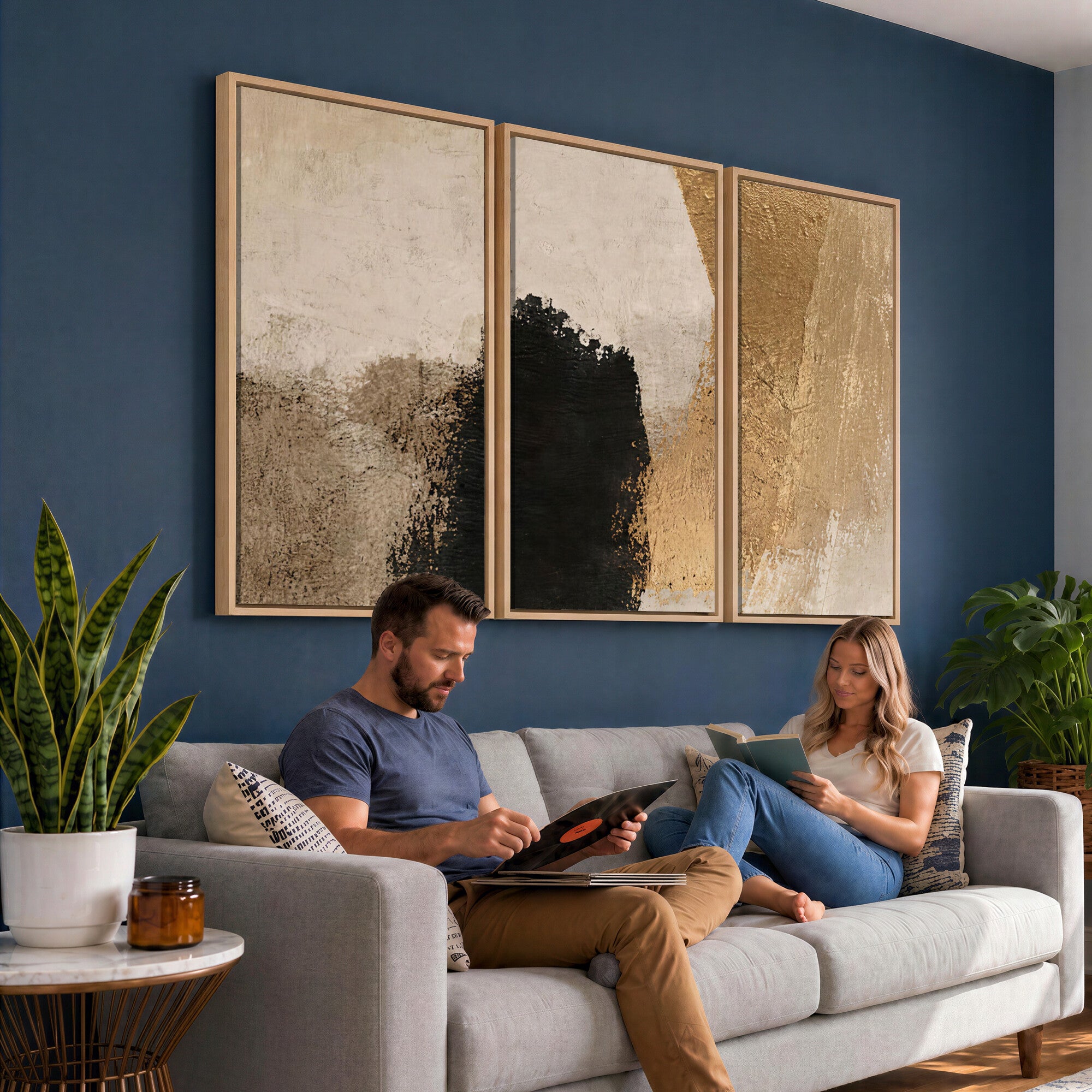 36003778-MGV-CV-48X32-3P - Mid Century Modern Geometric Canvas Wall Art, Abstract Triptych Print