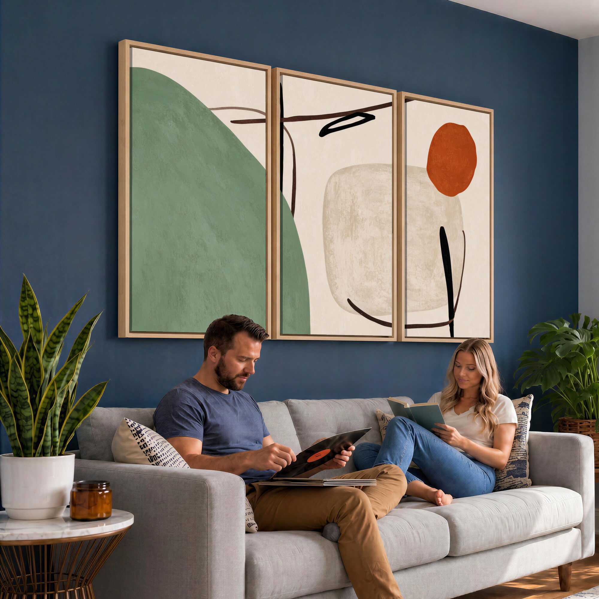 46798824-MGV-CV-48X32-3P - Mid Century Modern Geometric Canvas Wall Art, Abstract Triptych Print
