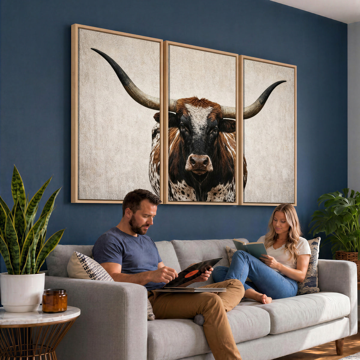 58622065-MGV-CV-36X24 - Texas Longhorn Canvas Wall Art Western Bull Desert Moody Grey Overcast Rustic Farmhouse Framed Large for Living Room Bedroom Office Decor