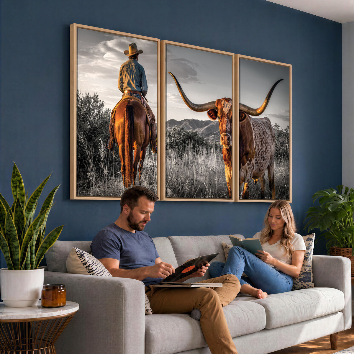 17066920-MGV-CV-60X30-3P - Extra Large Cowboy and Longhorn Wall Art Canvas Print
