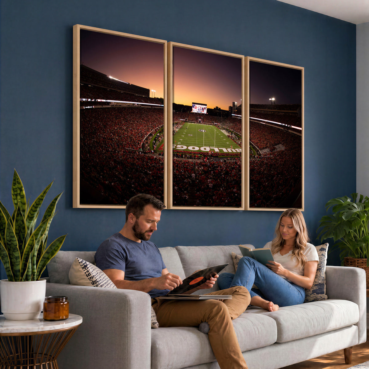 97720998-_Poster-30x20 - Georgia Bulldogs Stadium Sunset Canvas Print 3 Piece Framed Wall Art Extra Large Floating Frame Sports Poster Made in USA