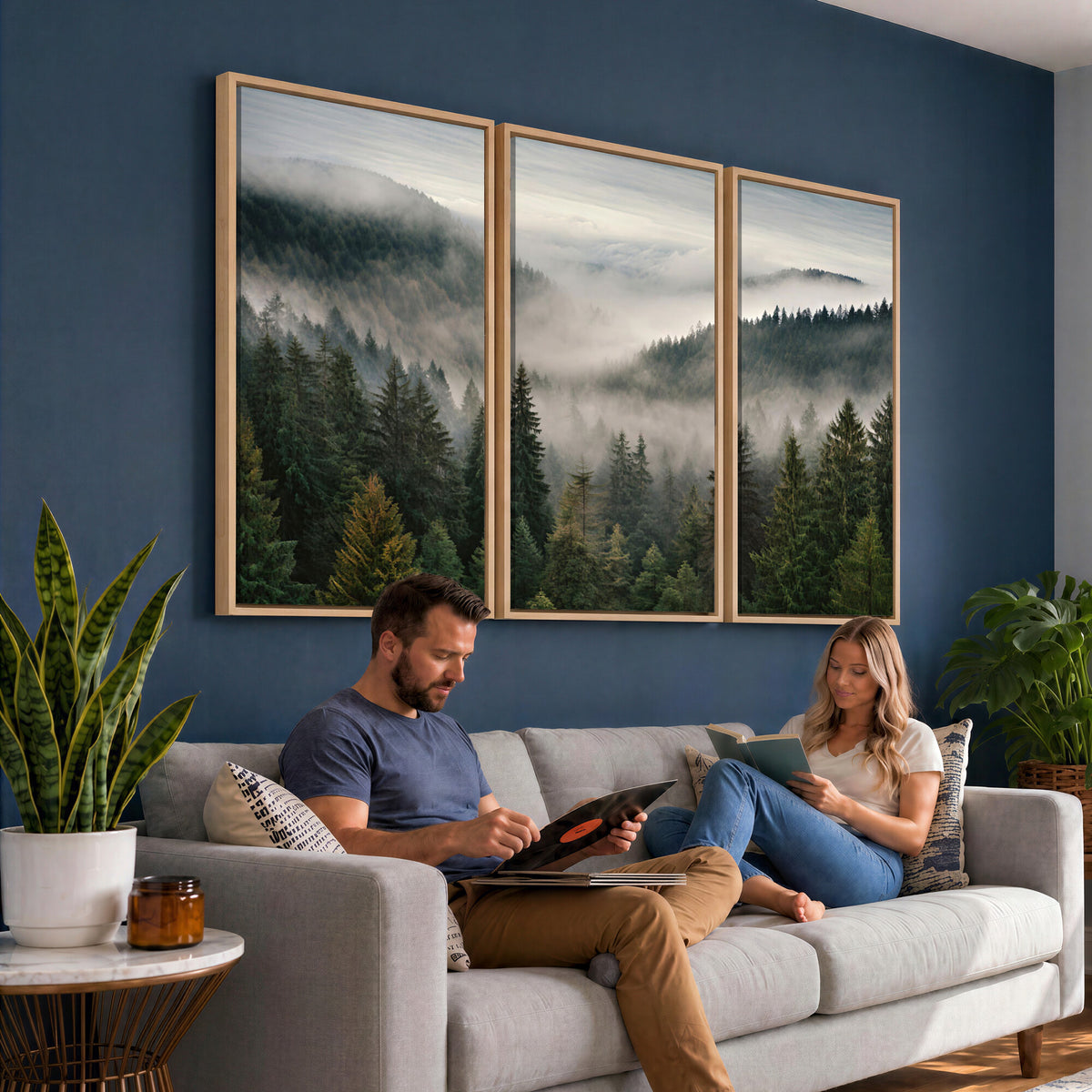 38409495-_Poster-30x20 - Misty Pine Valley Mountain Canvas Print 3 Piece Framed Wall Art Extra Large Floating Frame Nature Poster Made in USA