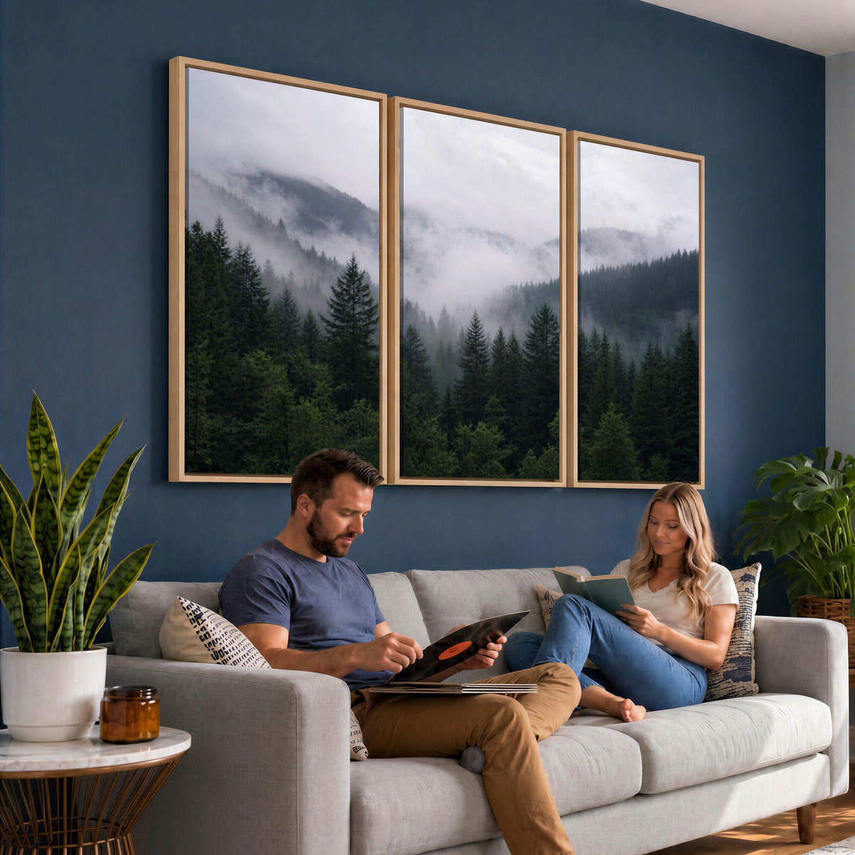 25432119-_Poster-30x20 - Misty Mountain Pine Forest Canvas Print 3 Piece Framed Wall Art Extra Large Floating Frame Nature Poster Made in USA