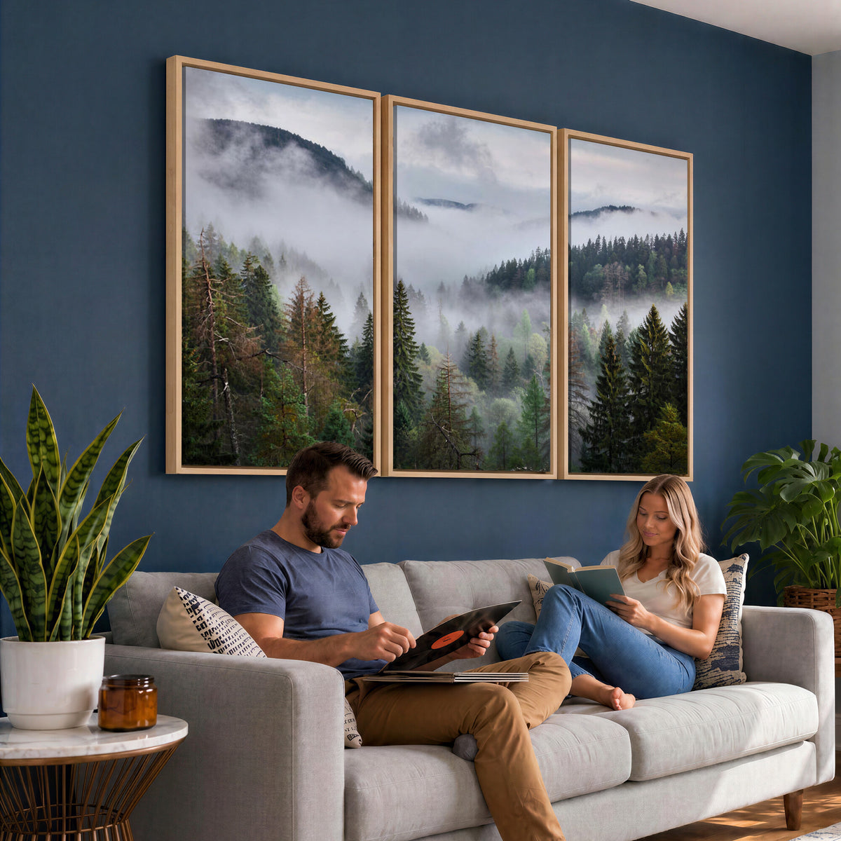 18735847-_Poster-30x20 - Foggy Pine Forest Mountain Canvas Print 3 Piece Framed Wall Art Extra Large Floating Frame Nature Poster Made in USA