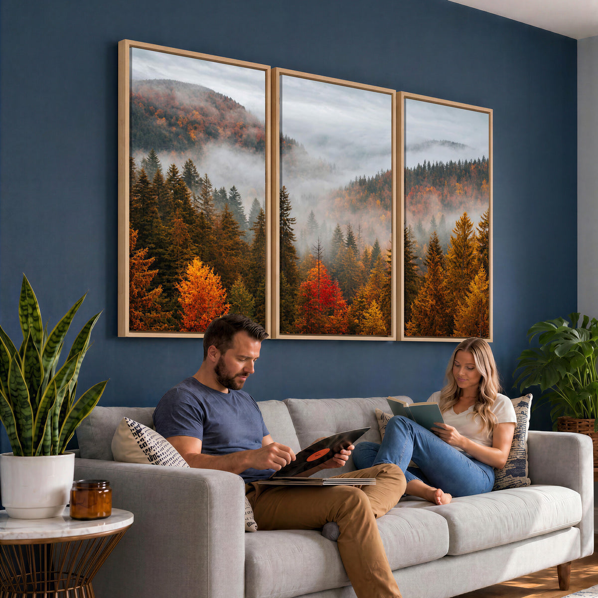 87481341-_Poster-30x20 - Foggy Autumn Mountain Canvas Print Smoky Pine Forest Wall Art Panoramic Nature Poster 3 Piece Made in USA