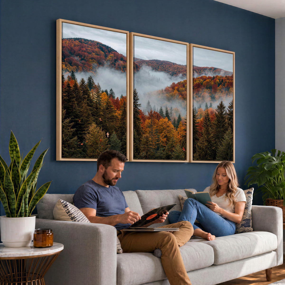 26686263-_Poster-30x20 - Misty Autumn Forest Mountain Canvas Print 3 Panel Wall Art Gallery Wrapped Floating Frame Poster Made in USA