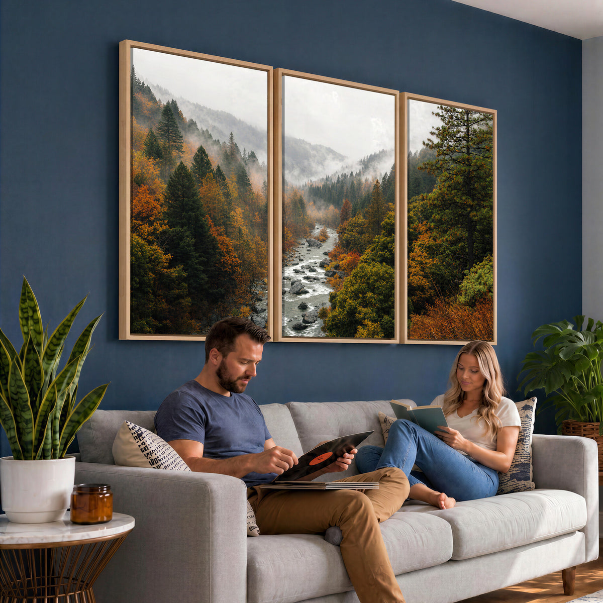 95540697-MGV-TP-30X20 - Misty River Mountain Valley Canvas Wall Art - Autumn Forest Landscape Nature Print