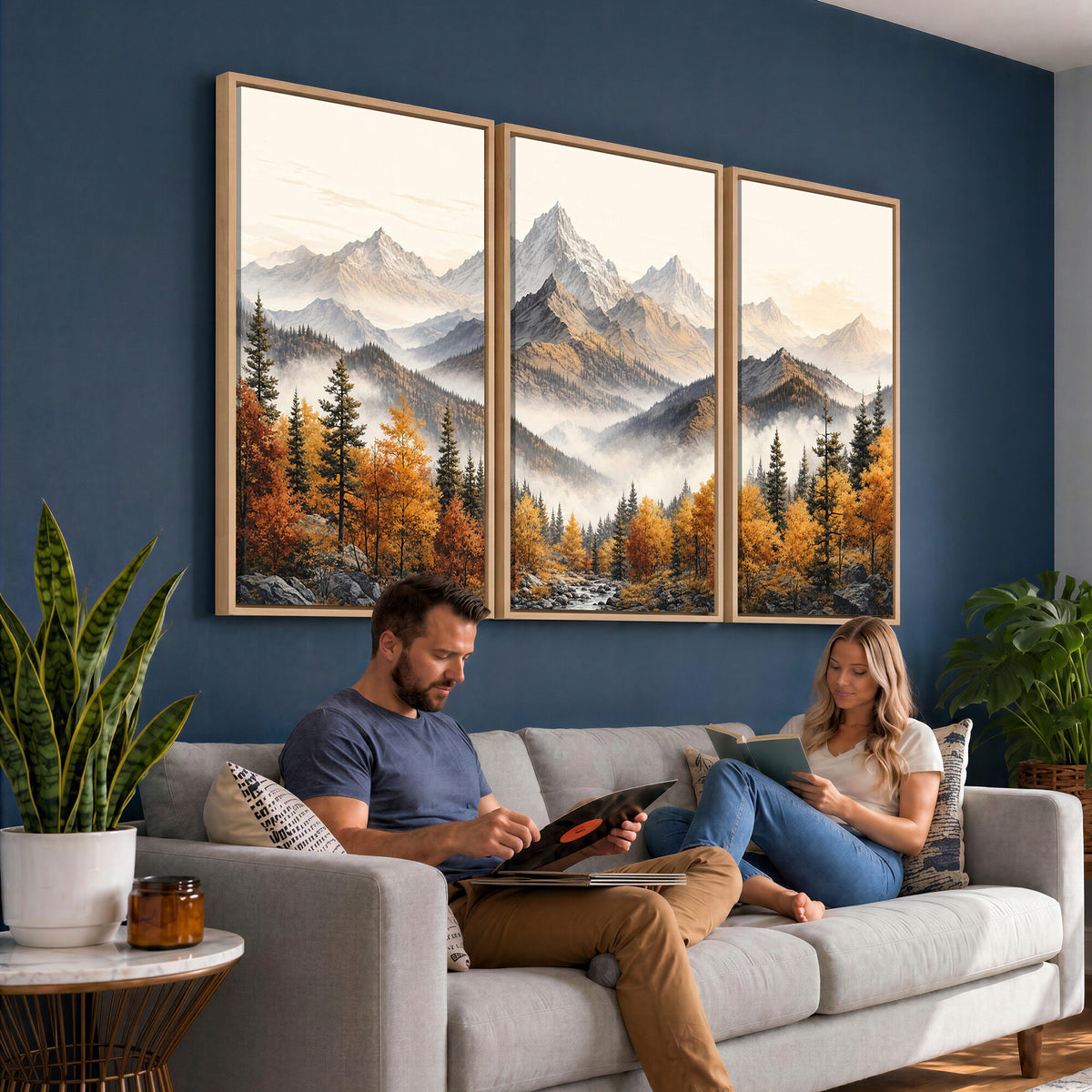21309099-MGV-TP-30X20 - Extra Large Misty Mountain Autumn Forest Canvas Wall Art - Watercolor Fall Nature Landscape Print