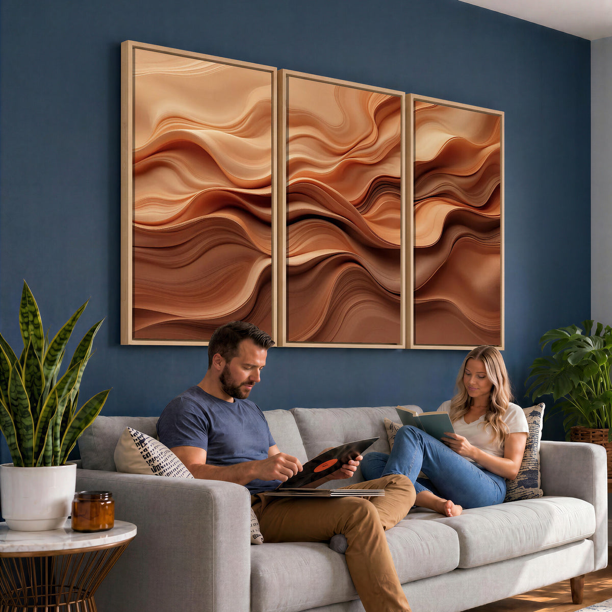 82230697-MGV-CV-36X24 - Modern Abstract Fluid Waves Canvas Wall Art - Minimalist Warm Terracotta Beige Sand Print