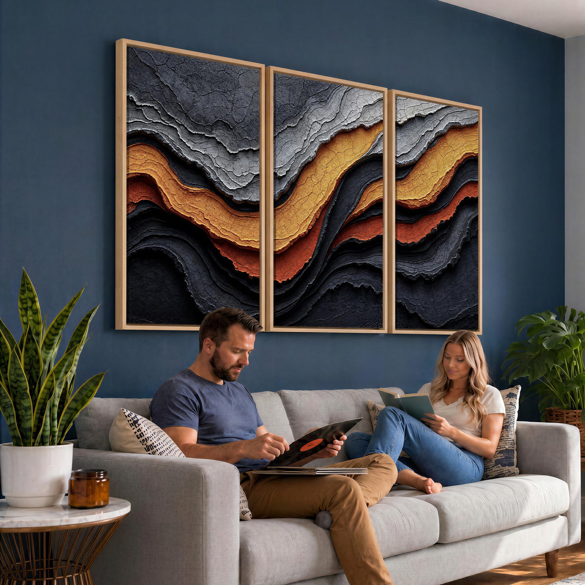 59852489-MGV-CV-36X24 - Abstract Waves Canvas Wall Art - Modern Terracotta and Charcoal Gray Print