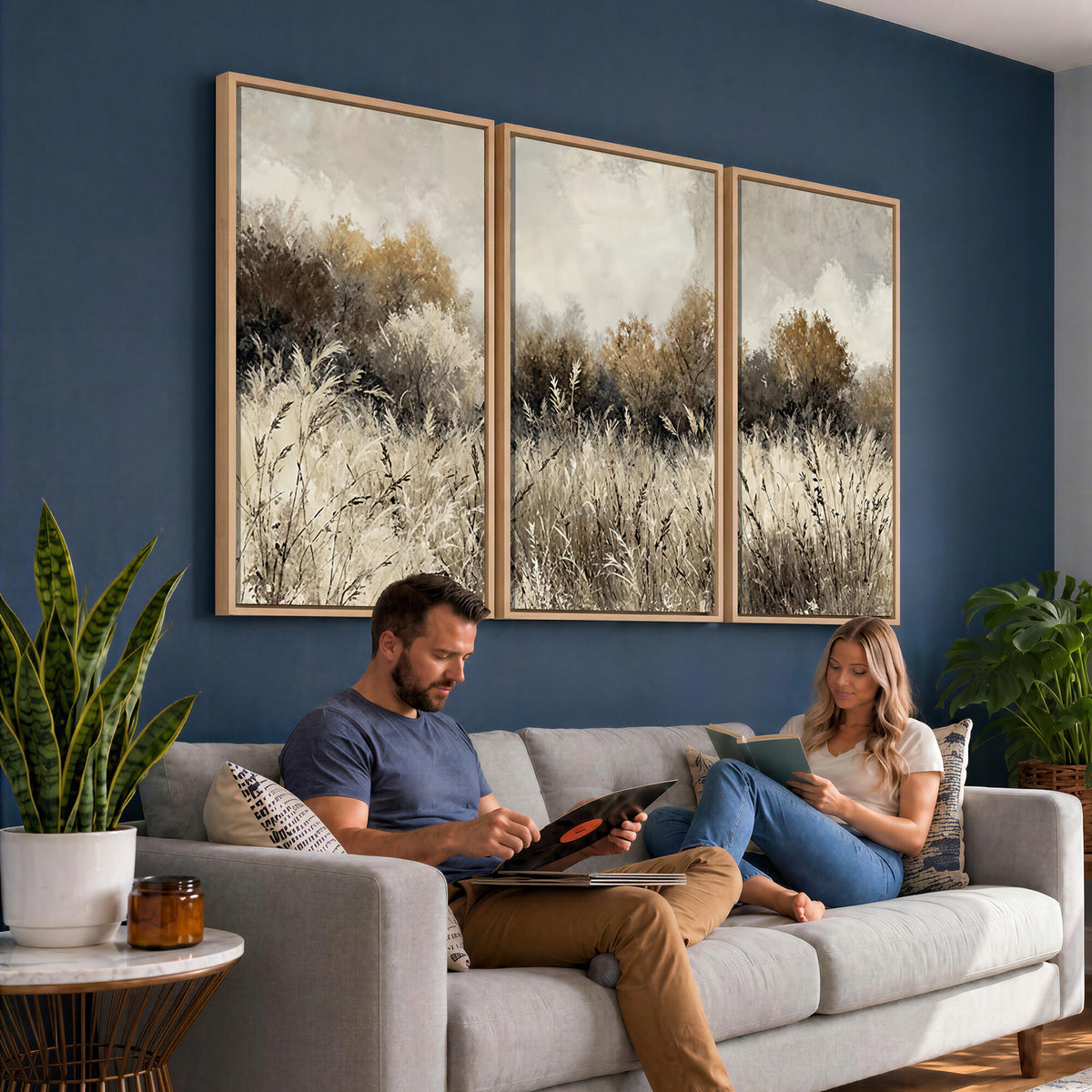 53959945-MGV-TP-30X20 - Muted Neutral Forest Landscape Canvas Wall Art - Vintage Rustic Wildflower Meadow Print