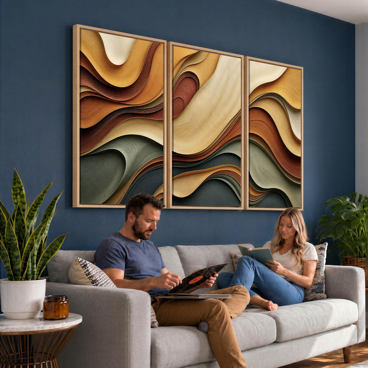 19337902-MGV-CV-36X24 - Modern Abstract Waves Canvas Wall Art - Minimalist Earthy Tone Living Room Decor