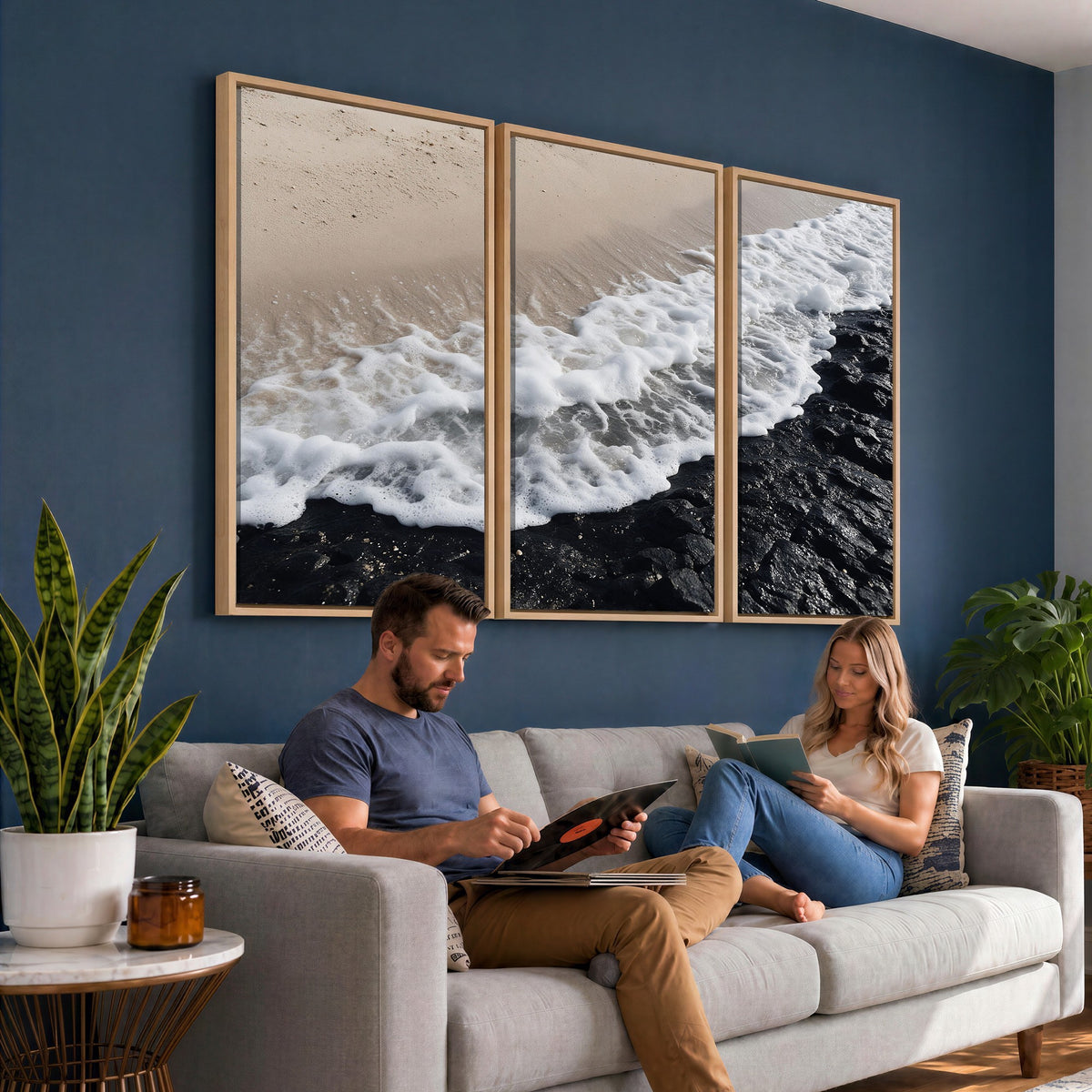 27448606-MGV-CV-24X16 - Ocean Wave Foam on Black Lava Rock Beach Canvas Wall Art Print