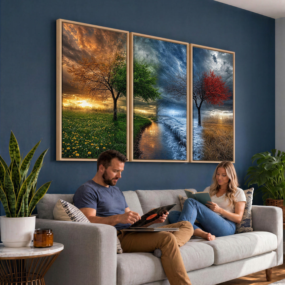61895574-MGV-CV-24X16 - Four Seasons Tree Canvas Wall Art, Nature Landscape Canvas Print for Living Room