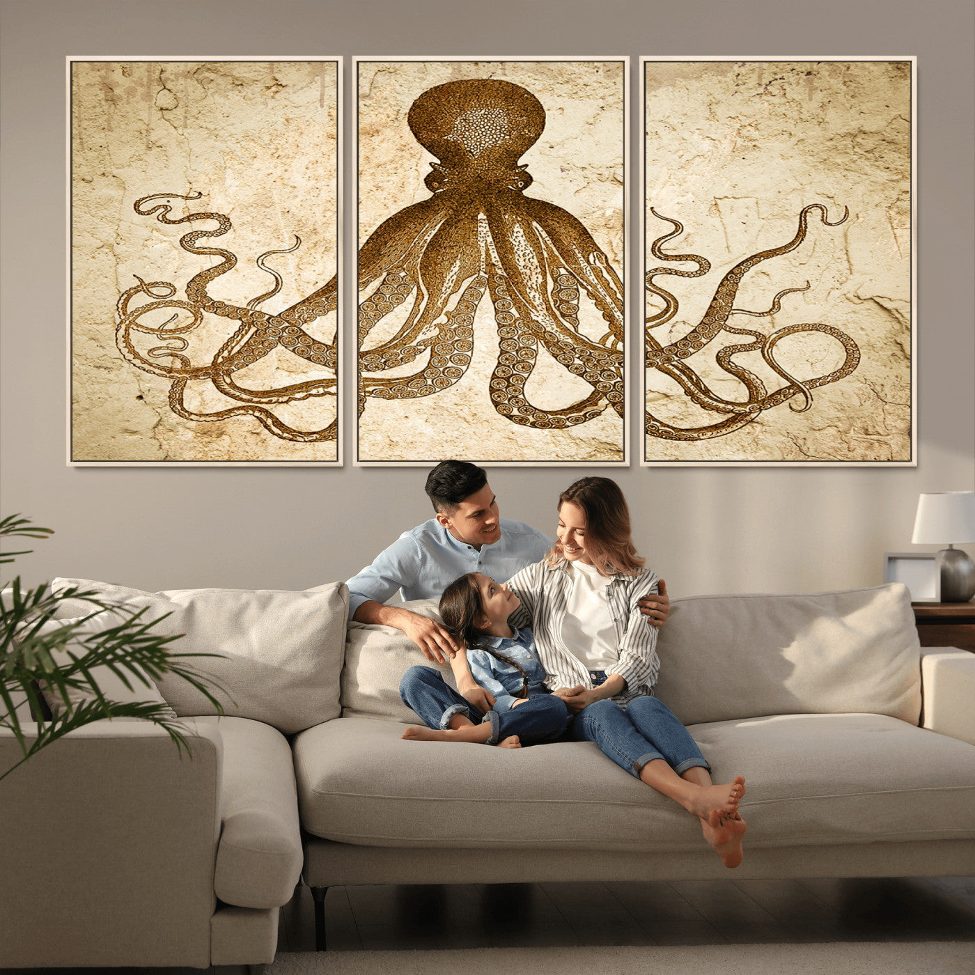 96154-MGV-FC-60X30-3P_Natural-Sepia Octopus Wall Art Abstract Animal Canvas Print
