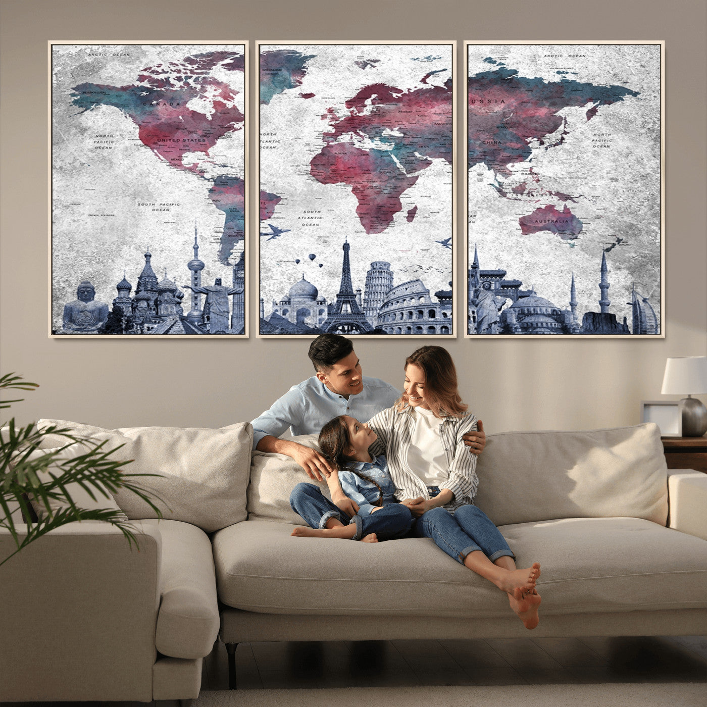 MGV-FC-60X30-3P - Push Pin World Map Canvas Print – Framed Wall Art for Couples to Track Their Travels – Anniversary
