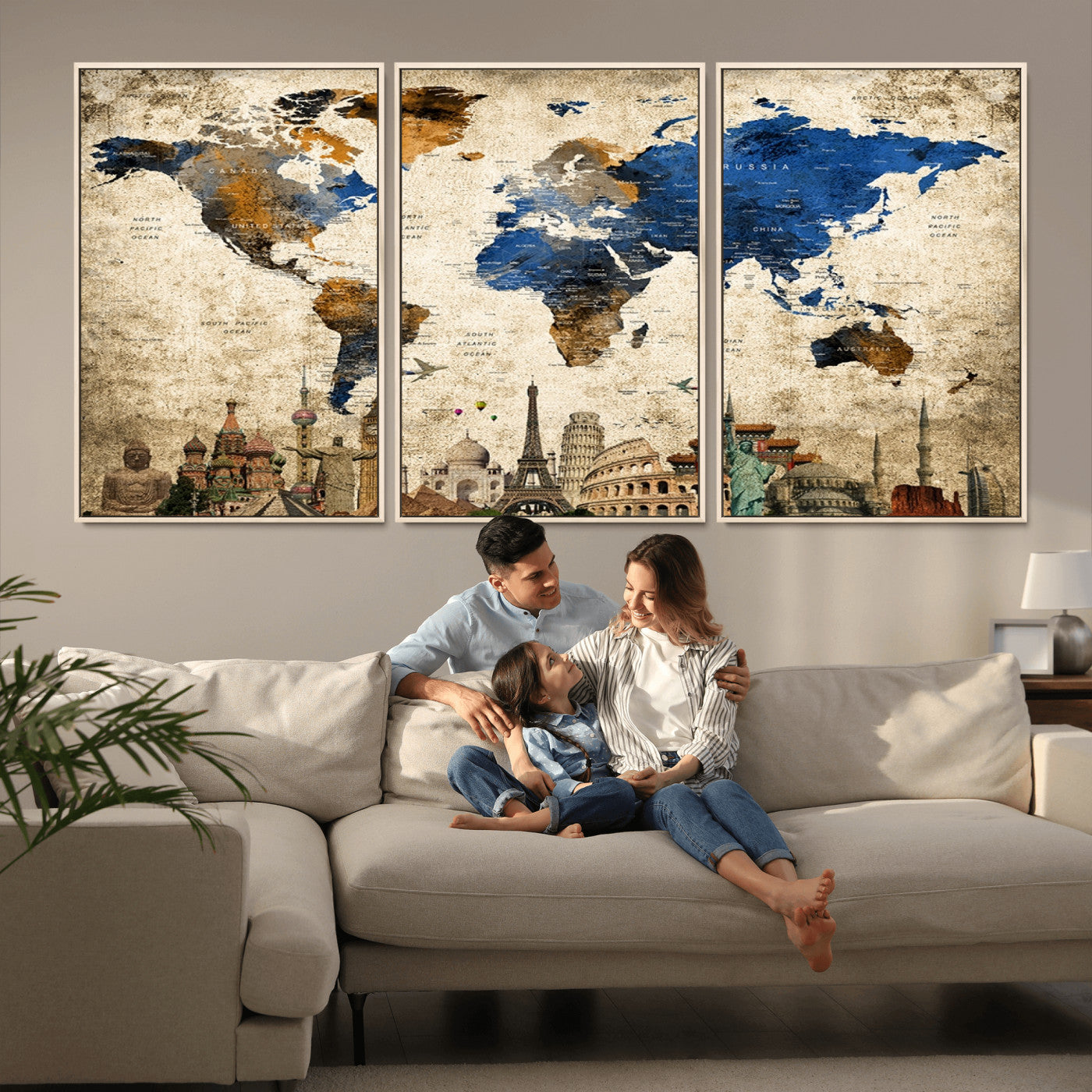 MGV-FC-60X30-3P - Push Pin World Map Canvas Print – Framed Wall Art for Couples to Track Their Travels – Anniversary