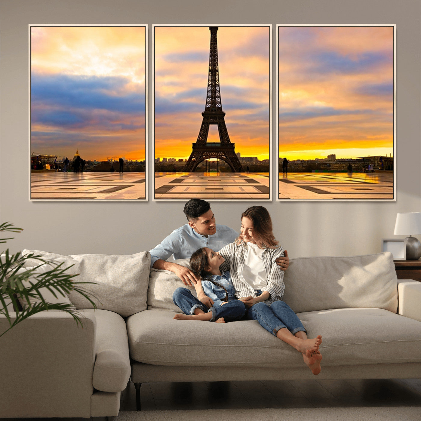MGV-FC-60X30-3P - Paris Eiffel Tower Sunset Canvas Wall Art Print - Iconic Landmark Decor with Vibrant Colors