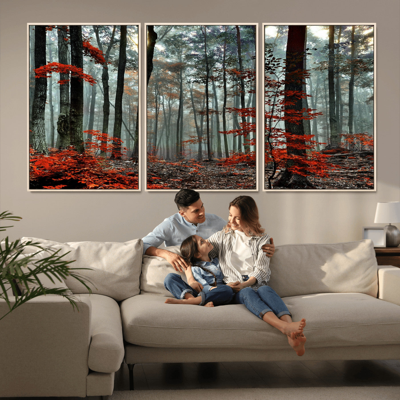 59209-MGV-FC-60X30-3P_Natural-Autumn Forest Canvas Wall Art – Enchanting Red Leaves Triptych Print – Nature-Inspired Decor for Living Room or Office – Ready to Hang