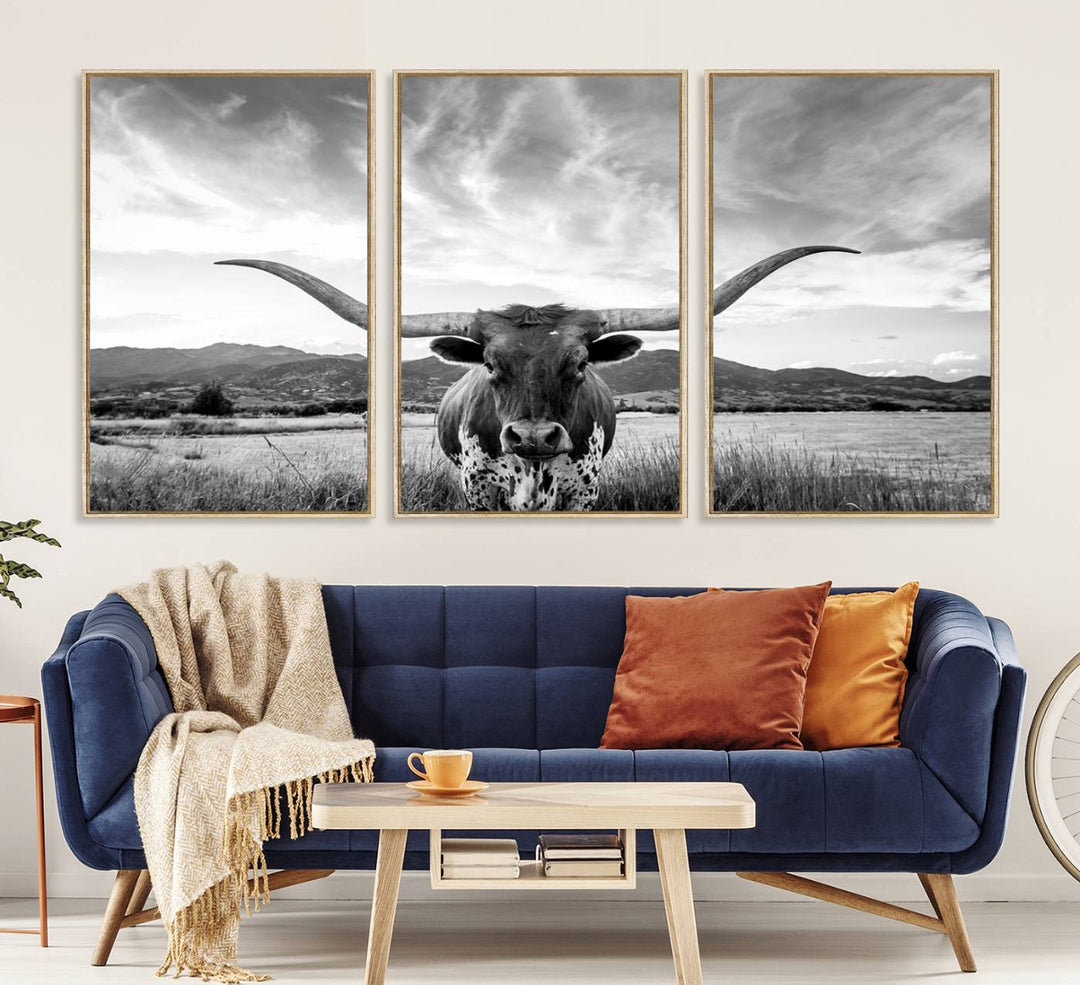 Modern living room featuring Longhorn Cow Wall Art Canvas Print.