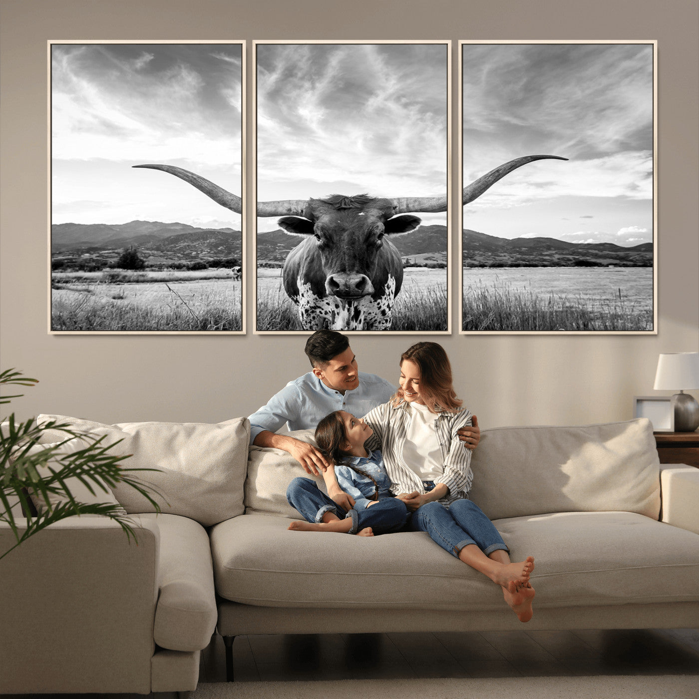 MGV-FC-60X30-3P - Longhorn Cow Wall Art Canvas Print Farmhouse Wall Art - Texas Longhorn Wall Art Print