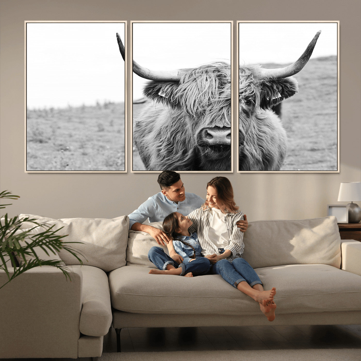 16248-MGV-FC-60X30-3P_Natural-Newfoundland Cow Art Wall Art, Black White Cow Art Wall Art Canvas Print