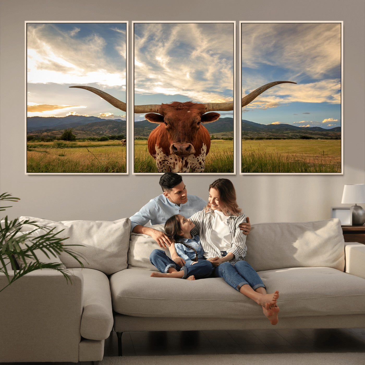 MGV-FC-60X30-3P - Texas Longhorn Canvas Wall Art – Majestic Triptych Animal Print – Rustic Western Decor for Living