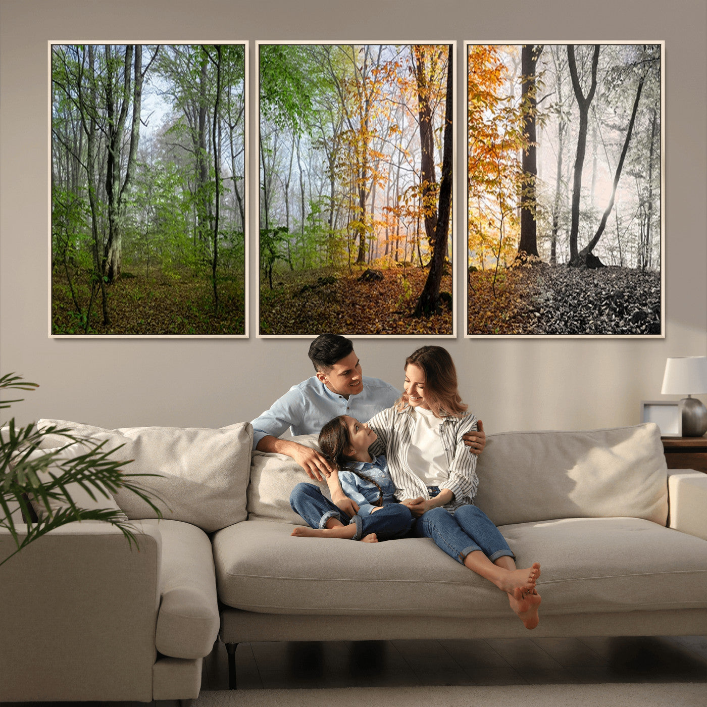 MGV-FC-60X30-3P - Four Seasons Wall Art Forest Canvas Print – Triptych Seasonal Nature Print – Landscape Decor for