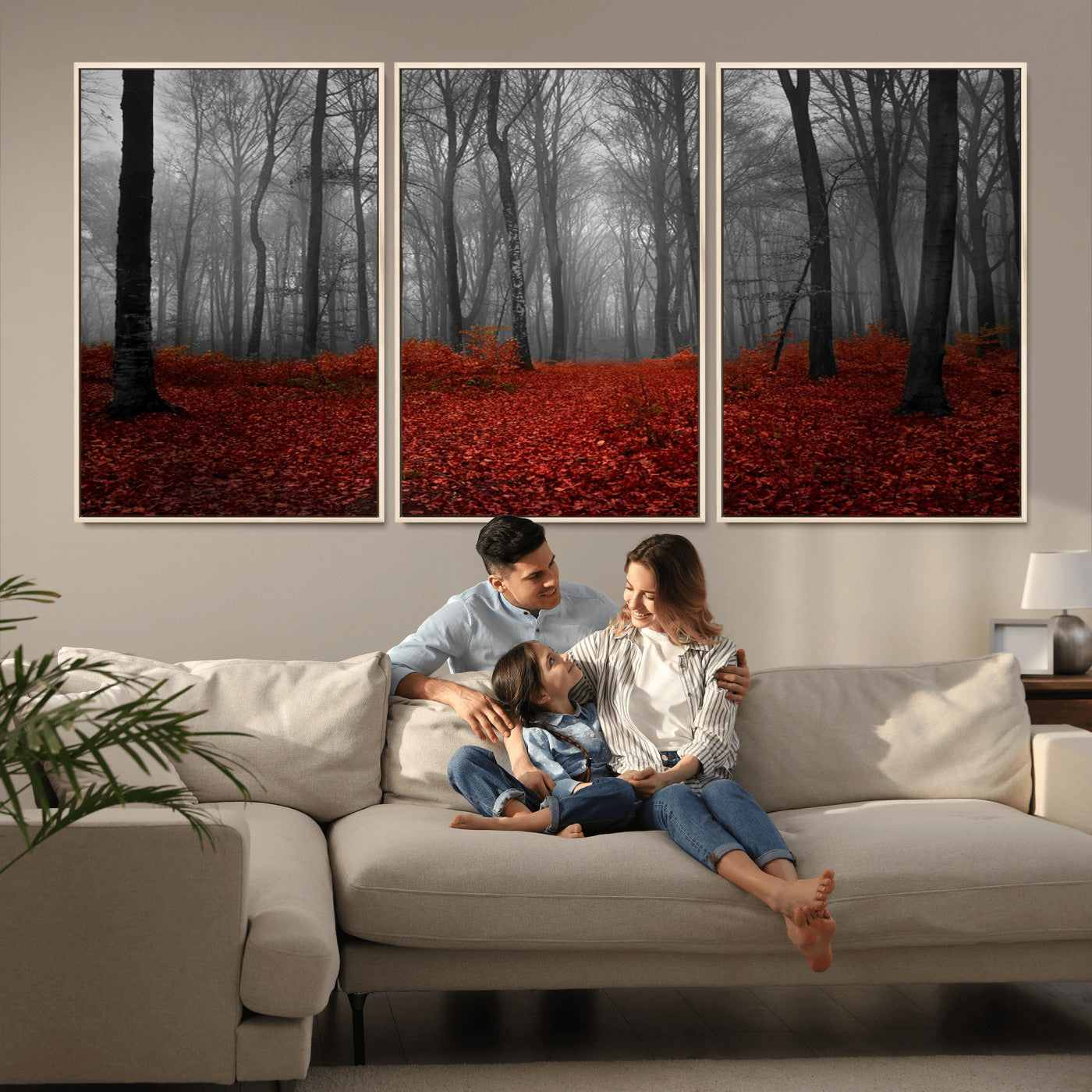38804-MGV-FC-60X30-3P_Natural-Red Forest Floor Canvas Wall Art – Mystical Foggy Woodland Triptych – Nature-Inspired Decor for