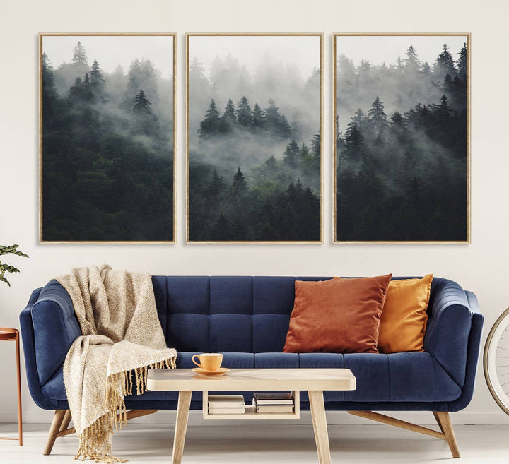 The Serene Triptych Print features tall evergreens, creating a mysterious and calming atmosphere.